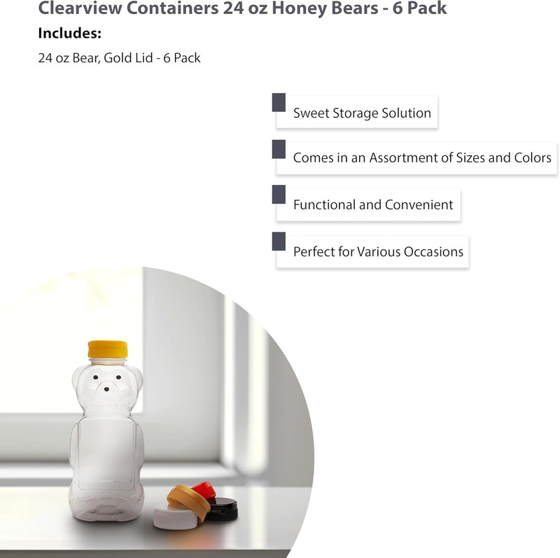 6 Pack of 24 Ounce Honey Bears with Sealable Gold Flip Top Lids (24 Oz. Bear, 6P gallery