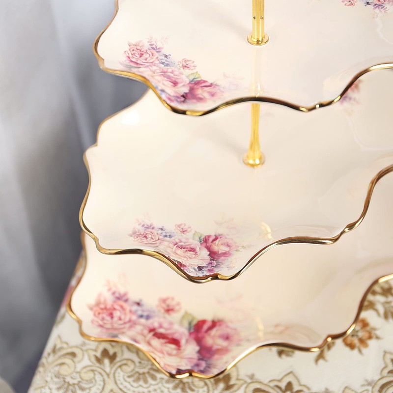3-Tier Floral Royal Cupcake Stand, Vintage Fruit Plate with Gold Trim, Desser... gallery