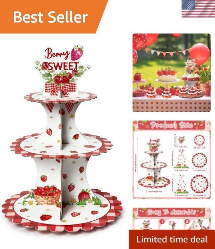 Strawberry Cupcake Stand – 3 Tier Berry Sweet Red Plaid Cupcake Tower Cardboa…