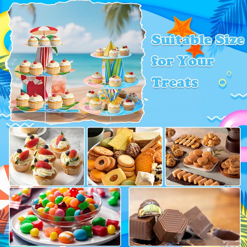 4PCS Summer Beach Luau Hawaiian Cupcake Stand, 3 Tier Tropical Surfboard Them... gallery