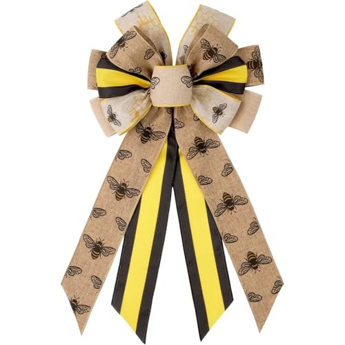 Bee Wreath Bow, Honeycomb Burlap Ribbon Bow Wired Edge 20.87 x 11.42 Inch for