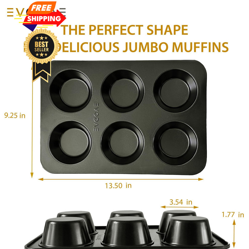 EVODAE Jumbo Muffin Pan, 2 Pack – Extra-Large Wide & Deep Cups, 6-cup, Black gallery