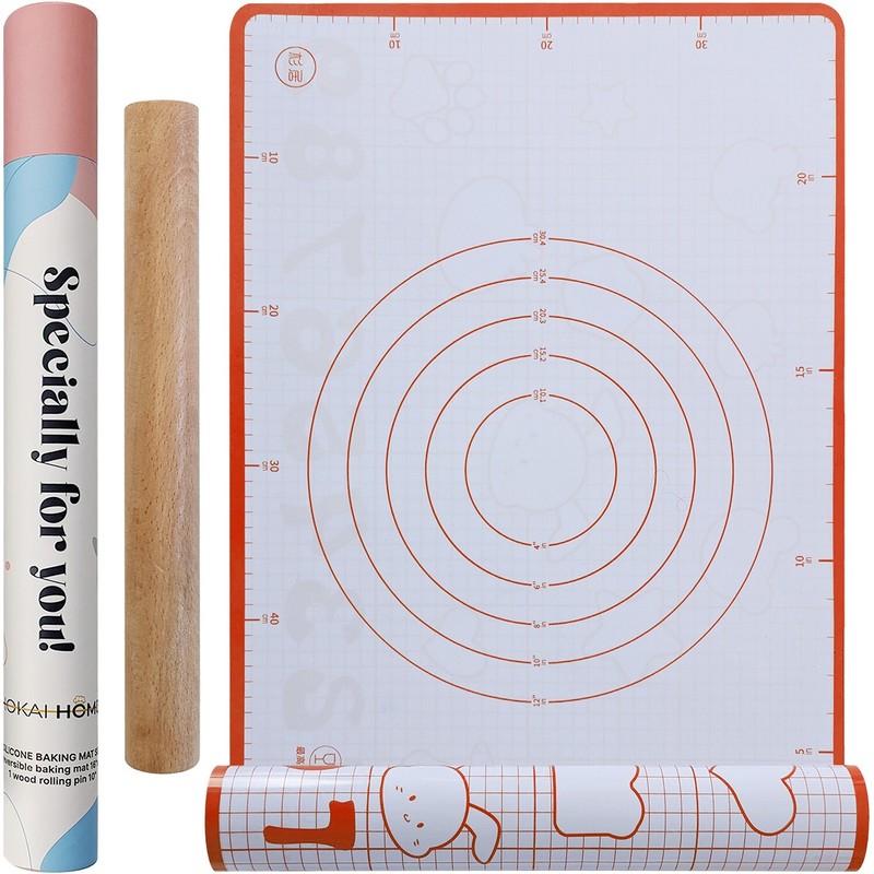 Silicone baking mat, Reversible 2 in 1. With wood rolling pin for kids! Pink!