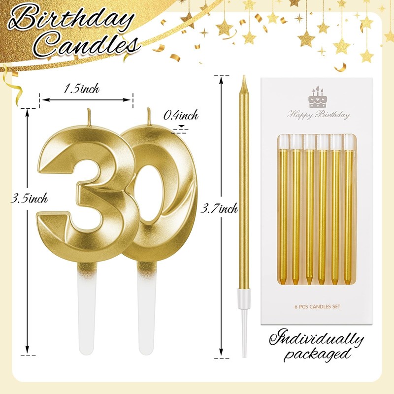 Mtlee Gold 30th Birthday Candles Set for Cakes Including Thin 30, gallery