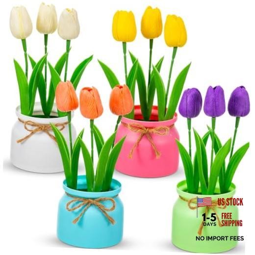 Suncalla 4 Pack Artificial Pot Tulips Small Fake Plants with Macaron Flowerpot