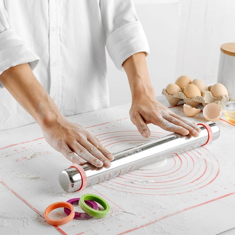 Stainless Steel Rolling Pin with Adjustable Thickness Rings - 16.2in, Silver gallery
