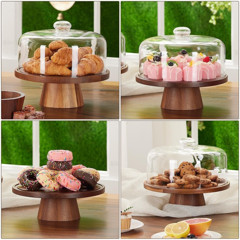 Acacia Wooden Cake Stand with Glass Dome Lid, 11-Inch Dessert Holder for Parties gallery