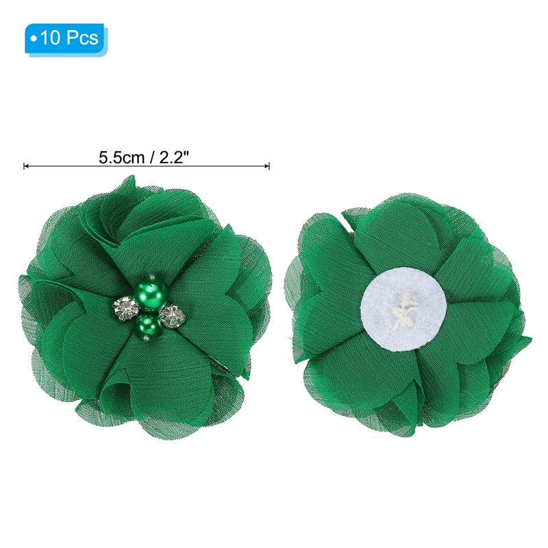 10Pcs 2" Chiffon Flowers with Rhinestone Pearl Appliques Embellishments Green gallery