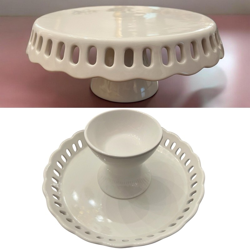 11.5″ Reversible Cake Stand & Chip Dip Platter White scalloped
