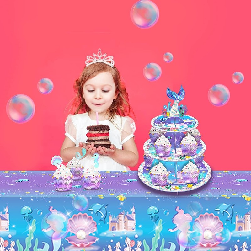 Mermaid Cake Stand Dessert Table Display Set Serving Tray 3-Tier Cardboard Cupca gallery