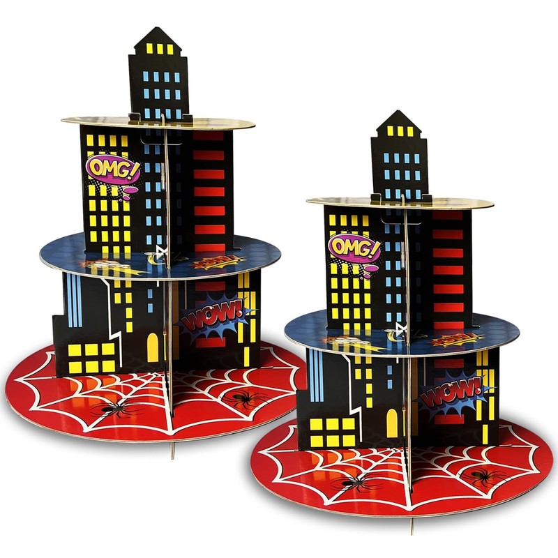 2 Pack Hero Party Supplies Cupcake Stands, 3-Tier Building Cardboard Cupcake …