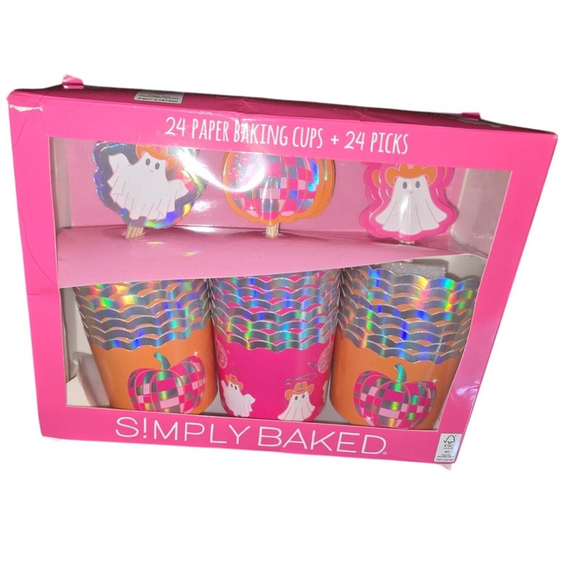 48pc Halloween Pink Cowboy Ghost Themed Cupcake Baking Cups & Picks Set NEW gallery