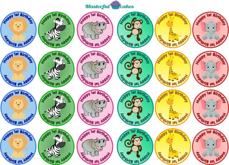 24 X 1ST BIRTHDAY ANIMAL CUPCAKE TOPPERS WAFER PAPER, ICING OR PRE-CUT OPTION gallery