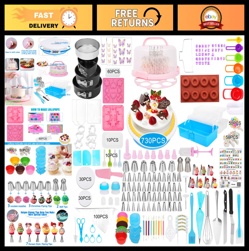 Ultimate Cake Decorating Kit – 730 Pcs Cake Pop Supplies, Turntable, Piping Bags