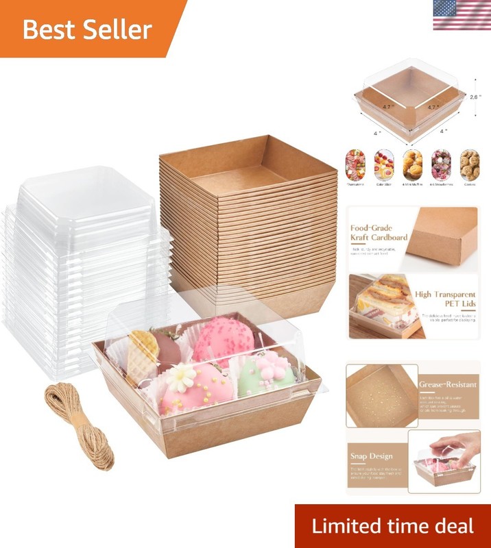 50 Pack 4-Inch Brown Paper Charcuterie Boxes with Clear Lids – Mess-Free, To-Go