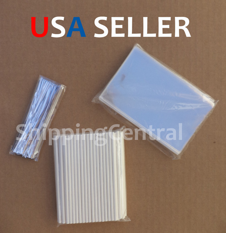 100 3"x5" CAKE POP Treat Bag Sets Metallic Twist Ties 6" Lollipop Sticks Combo