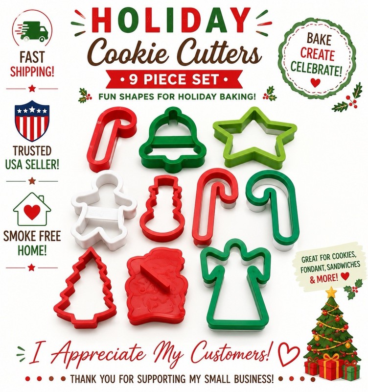 Lot of 10 Christmas Holiday Cookie Cutters, Plastic, Assorted Shapes Sizes