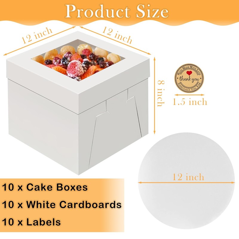 10 Pack Cake Boxes, 12 x 12 x 8 Inches Tall Cake Boxes with Window, Disposabl... gallery