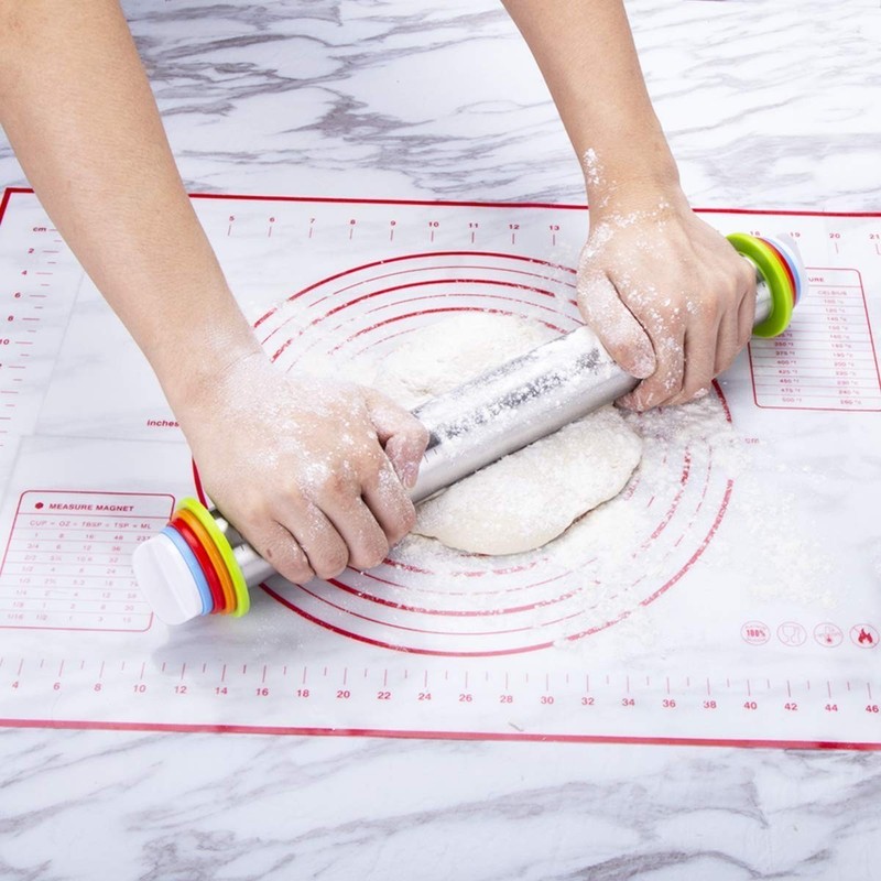 Adjustable Rolling Pin & Baking Mat Set - Stainless Steel Dough Roller for Pizza gallery