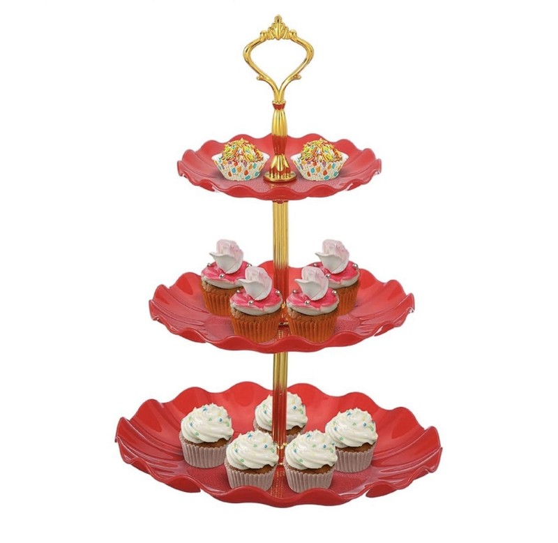 3-Tier Red Cupcake Dessert Stand Serving Tray with Gold Handle Party Display NEW