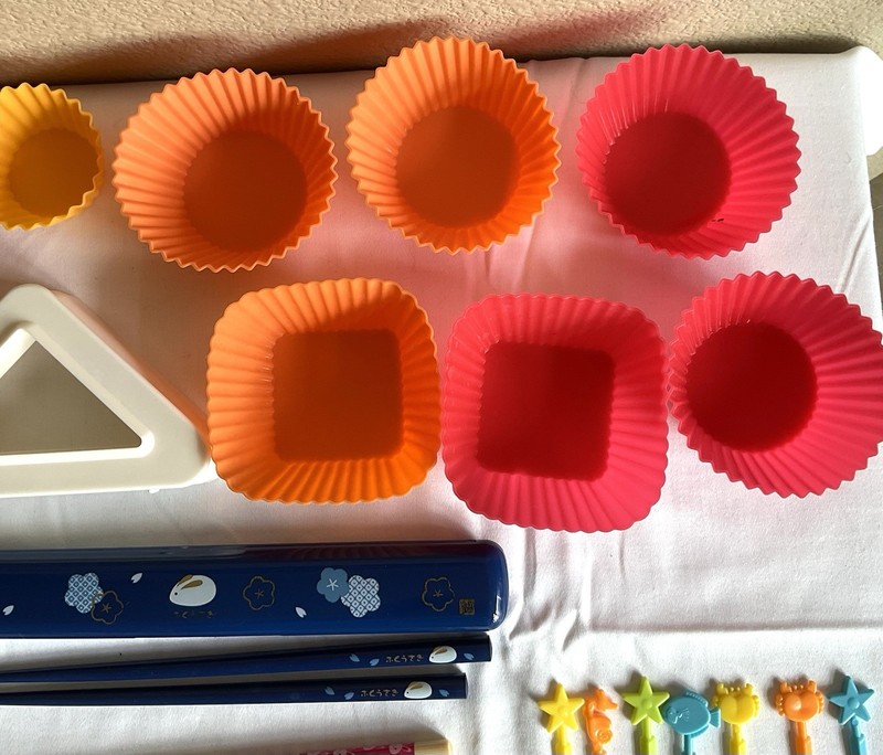 BENTO BOX Items Lot Chop Sticks, Picks, Muffin Silicone Molds Sandwich Cutter gallery