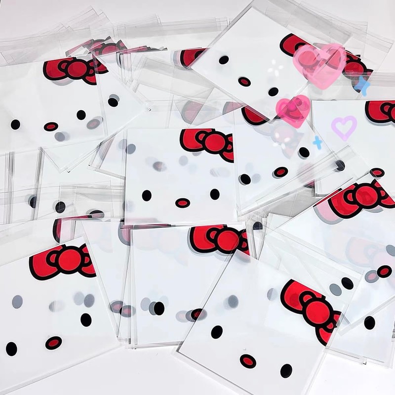 100 PCS Kitty Cookie Bag Self Sealing Cellophane, Pink Cat Candy Red Bow Cute gallery