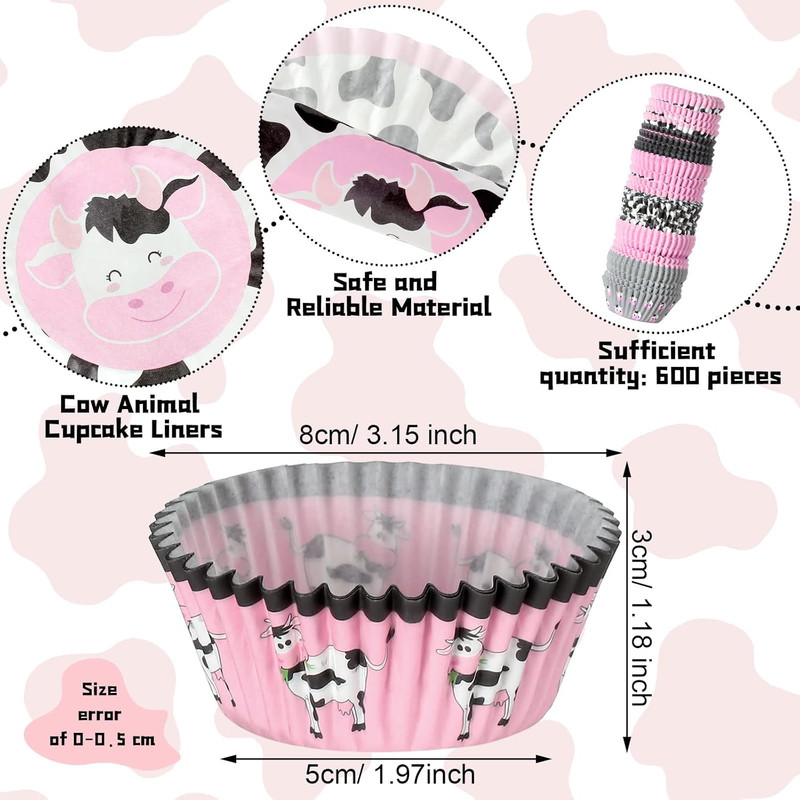 600 Pcs Cow Print Cupcake Liners Wrappers 2 x 1.2 Inch Cute Pink Cupcake Wrapper gallery
