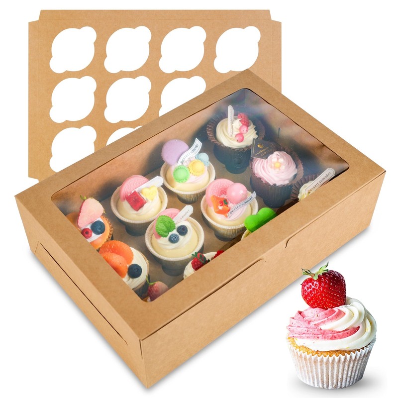 6 Pack Cupcake Boxes 12 Count Container Window Cardboard Food Grade Brown