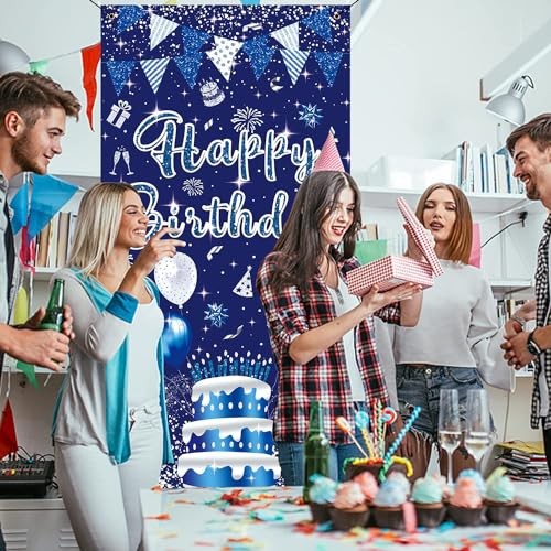 3x6ft Blue Silver Birthday Door Banner Navy Blue Glitter Sequin Happy gallery