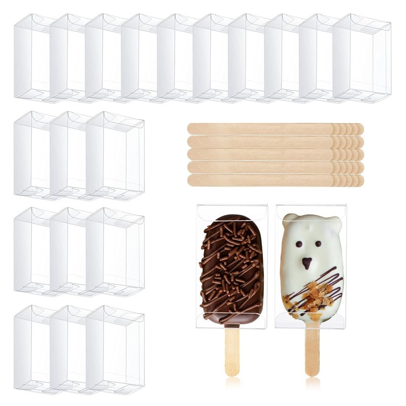 60 PCS Cakesicle Box Set 30 Clear Cake Pop Box 30 Wooden Popsicle Stick Pack