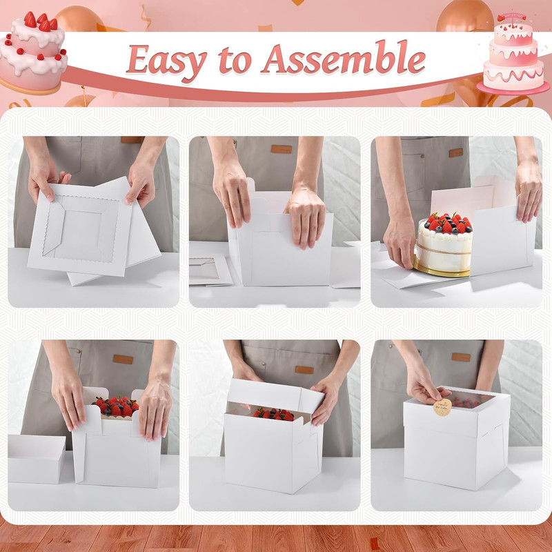 25Pcs 8X8X8 Inch Cake Boxes, White Bakery Boxes with Window, Square Disposable C gallery