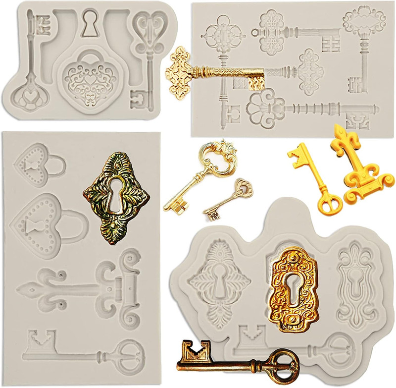 Vintage Key Fondant Molds (4 Pack), Lock Keyhole Silicone Chocolate Molds, Mini