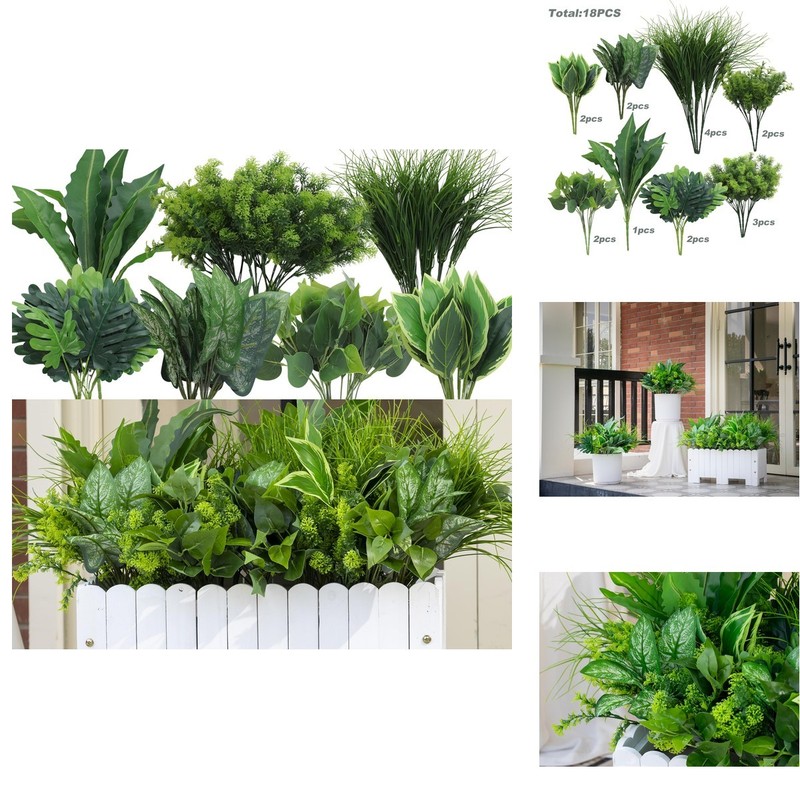 Green Moon 18PCS Artificial Plants Outdoor, Faux Greenery Stems Outside