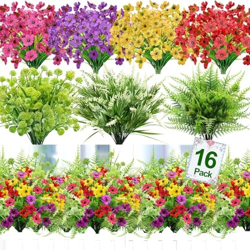 16 Bundles 7 Styles Artificial Flowers for Outdoors, UV Resistant No Fade Fake gallery