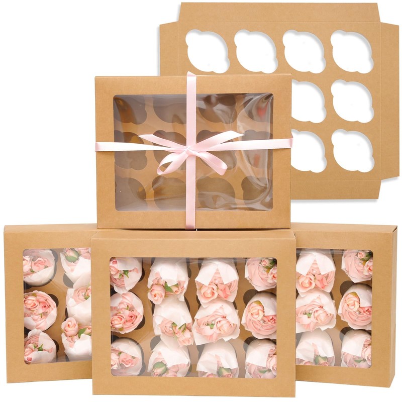 12 Pack Brown Cupcake Boxes 12 Count Window 13x10x3.5 Inch Auto-pop Carrier