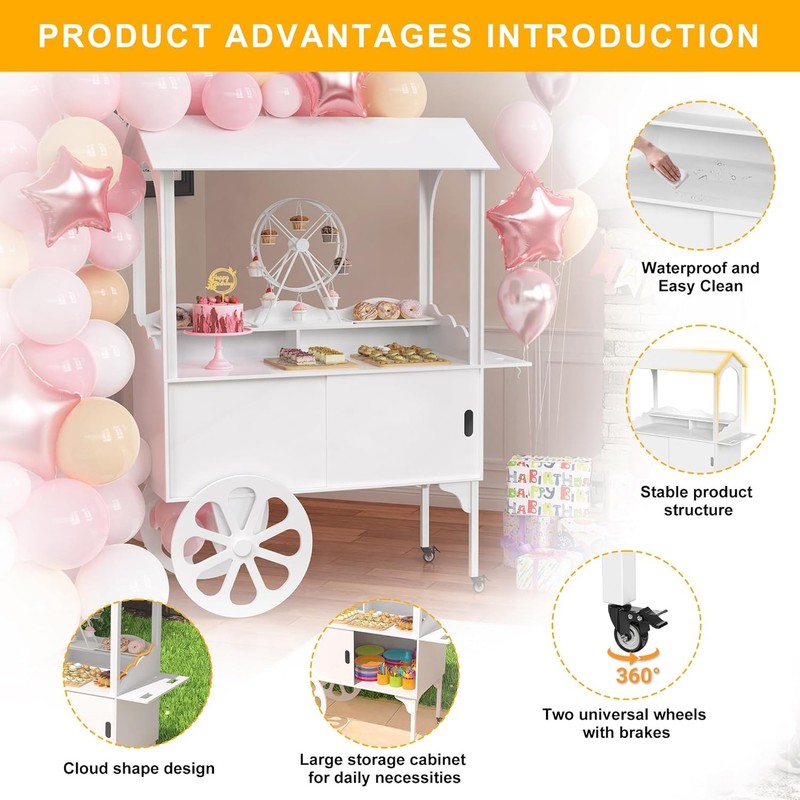 Candy Cart for Party - Cake Stand - Dessert Cart with Wheels & Storage Cabinet gallery