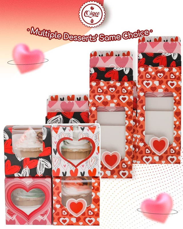 qiqee Valentine Cupcake Boxes Individual 60pcs Auto-Popup 3.5" x 3.5" x 3.5" ... gallery