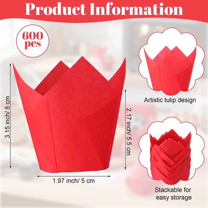 600 Pcs Tulip Cupcake Liners Baking Muffin Printed Cups Greaseproof Red Wrapper gallery