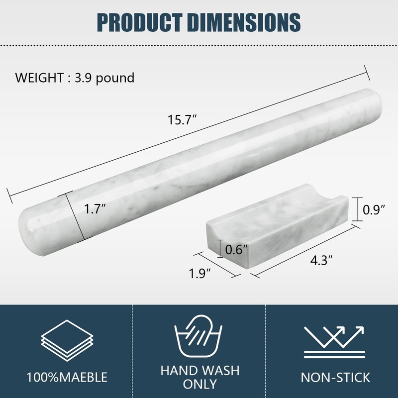 Marble Rolling Pin with Stand, 15.7" White Stone French Heavy Polished Non St... gallery