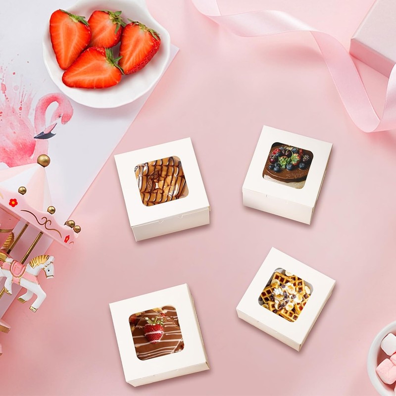 50pcs White Cookie Boxes 4x4x2.5 Inches Treat Boxes with Window for Gifting, NEW gallery