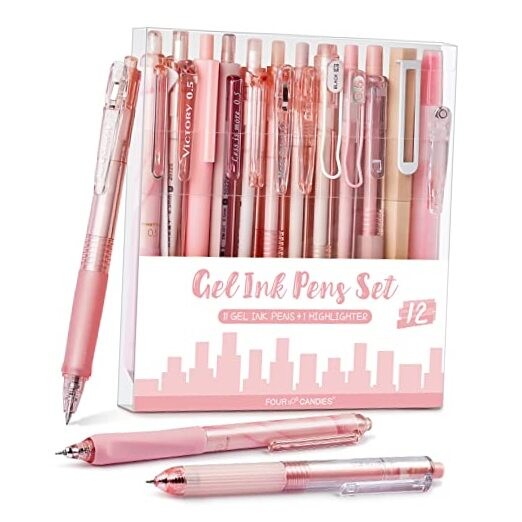 Rose Series Gel Pens, Cute Writing Pens with Black & Rose | 10 Black, 2 Pink