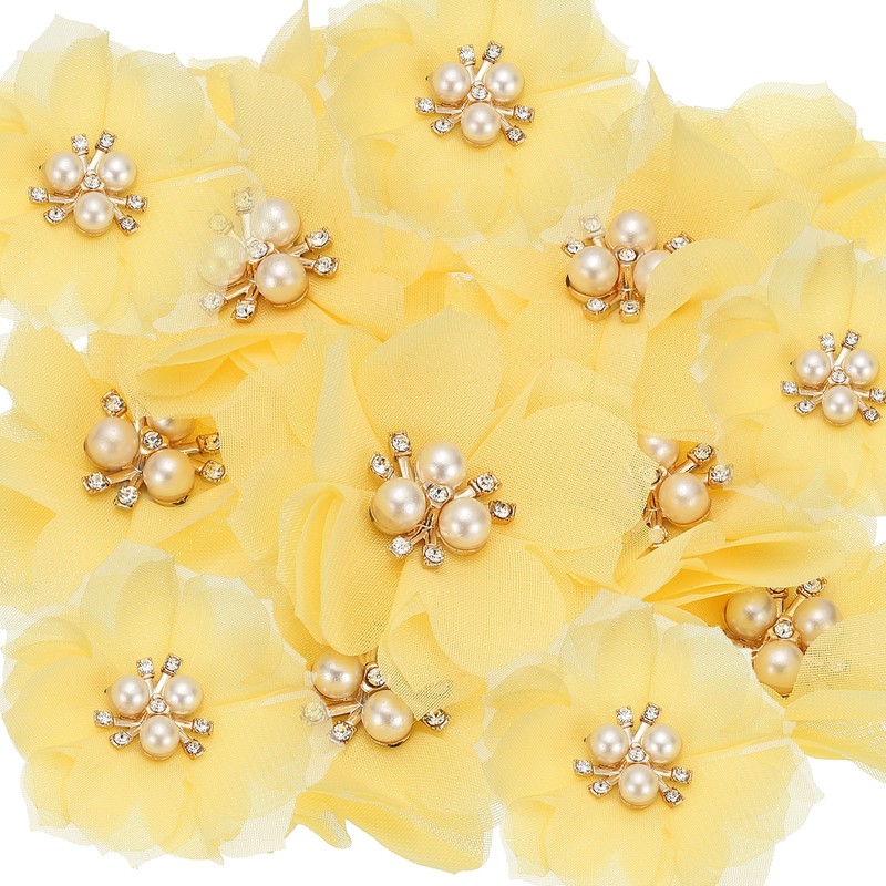 15Pcs 2.36 Inch Rhinestone Chiffon Flower Fabric Appliques Yellow