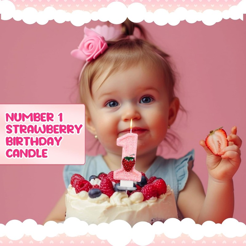 Strawberry 1 Candle for First Birthday Pink Number 1 Candle Berry One Glitter gallery