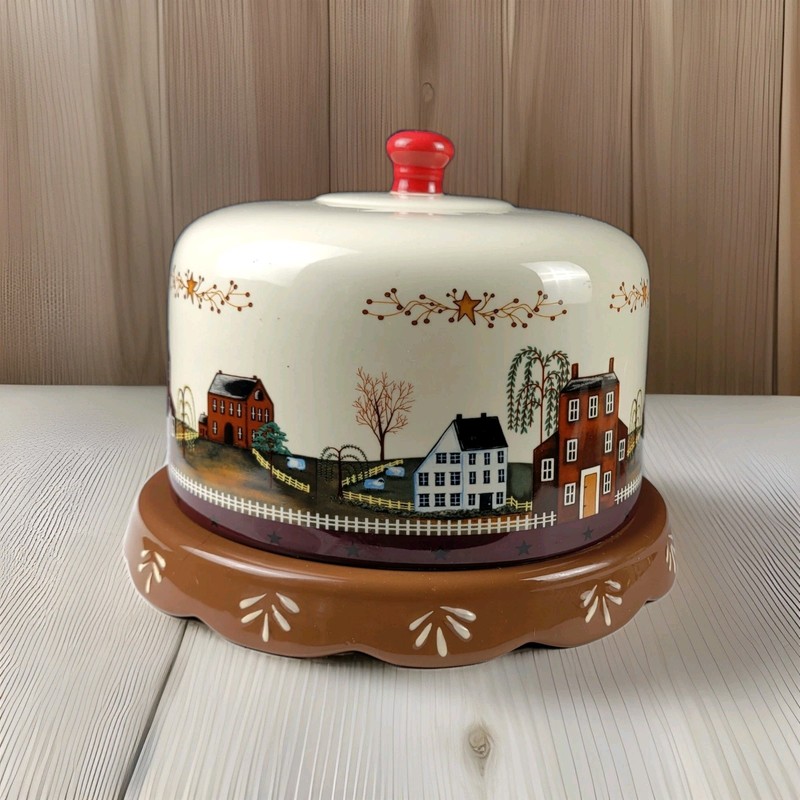 VGT Ceramic Cake or Cheese Cover & Platter, houses/country/farms/Sheep/Autumn gallery