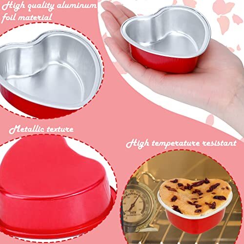 Heart Shaped Cake Pans 3.4oz Red Mini Aluminum Foil Baking Cups with 60 Pack gallery