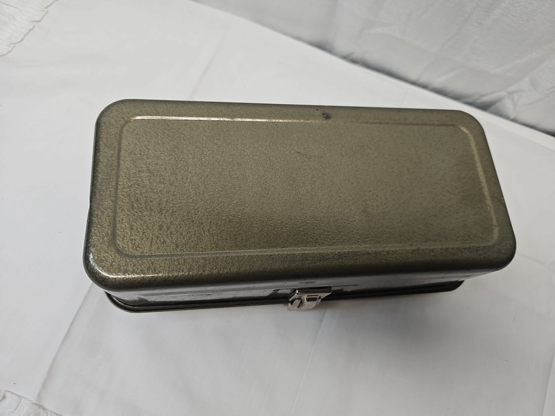 VTG MIRRO COOKY Pastry Press set, housed original olive green  metal tin case gallery