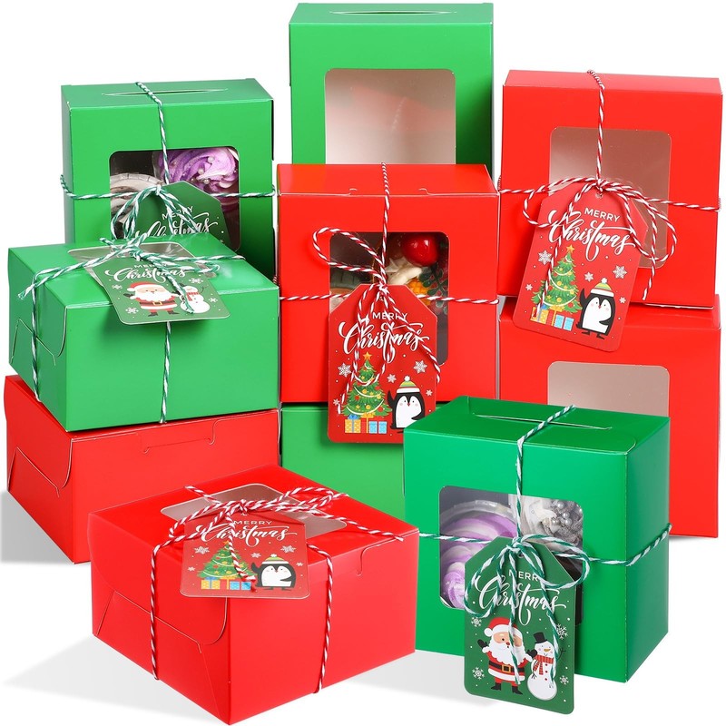 50 PCS Christmas Cookie Boxes Window 4x4x2.8 Inch Bakery Cupcakes Mini Cakes
