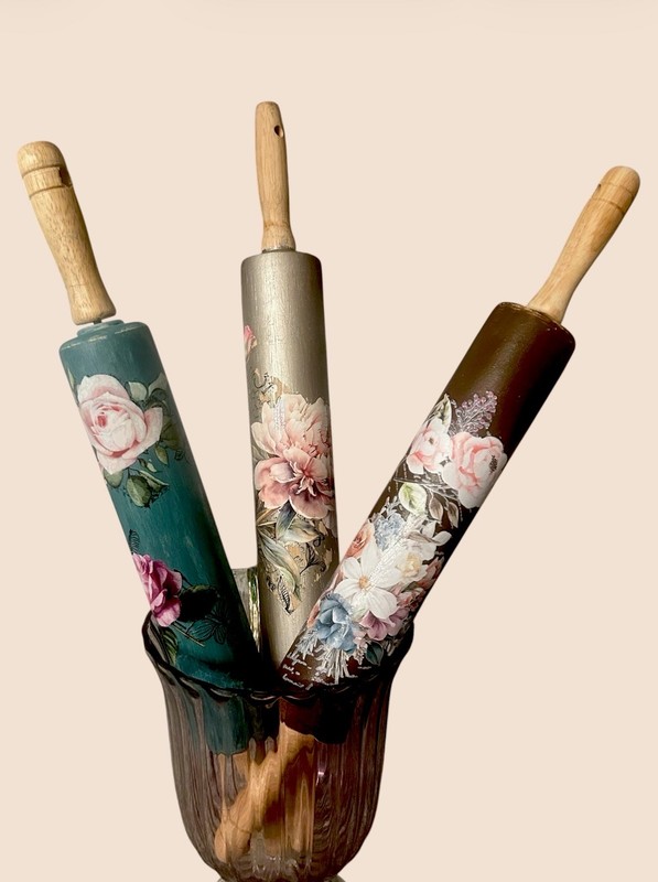Set of 3 Wood Floral Rolling Pins with Handles Brown Multicolor 18in