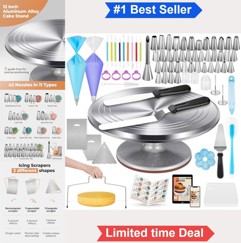 Cake Decorating Kit 180 Piece Aluminum Turntable Piping Bags Tips Set Stainless