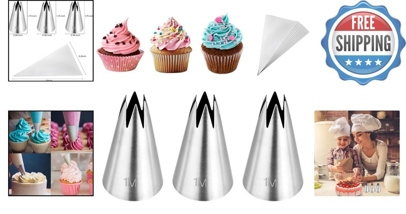 Set of 3 Stainless Steel 1M Piping Tips with 10 Disposable Bags for Baking Bliss gallery